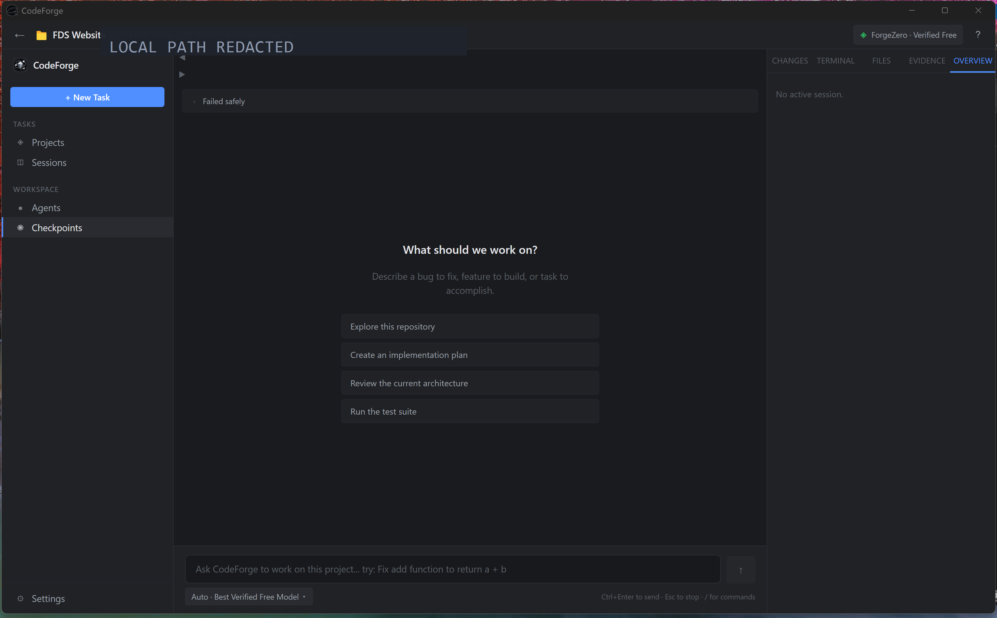 CodeForge v0.2.0 desktop workspace showing the repository context bar, New Task control, task navigation, safe failure state, verification tabs, and free-model routing control.