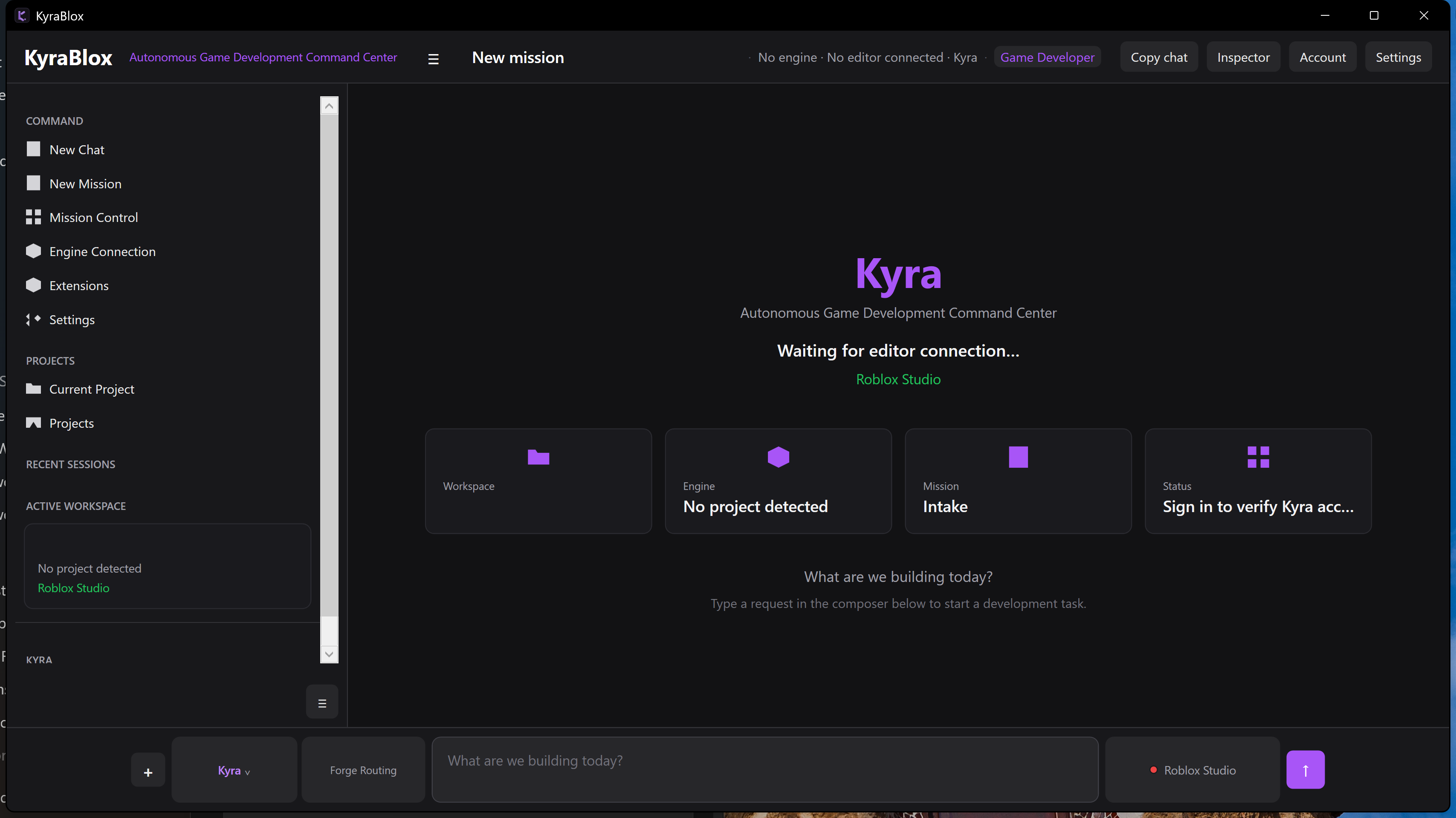 KyraBlox command center development build showing project navigation, Roblox Studio connection status, mission intake, and the project-aware workspace shell.
